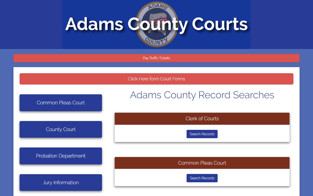 Adams County Record Searches landing page for Common Pleas, County Court, and Probate
