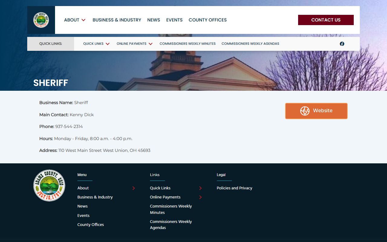 Adams County Government sheriff page showing Sheriff Kenny Dick and office contact information